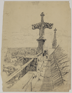 28671 Gezicht op de balustrade van het koor van de Domkerk te Utrecht met enkele kruisbloemen en een pinakel en ...